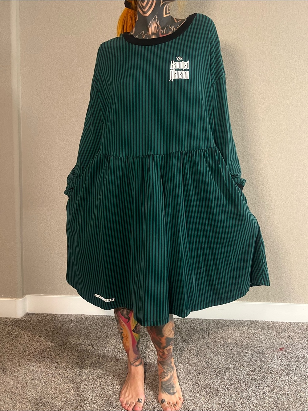 Haunted mansion, Dark Green Striped Long Sleeve Dress